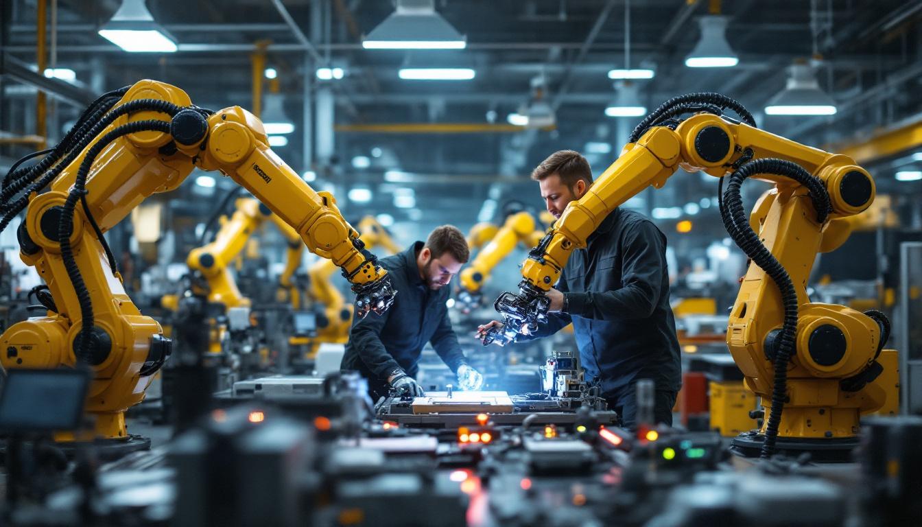 A photograph of a dynamic industrial robotics workspace