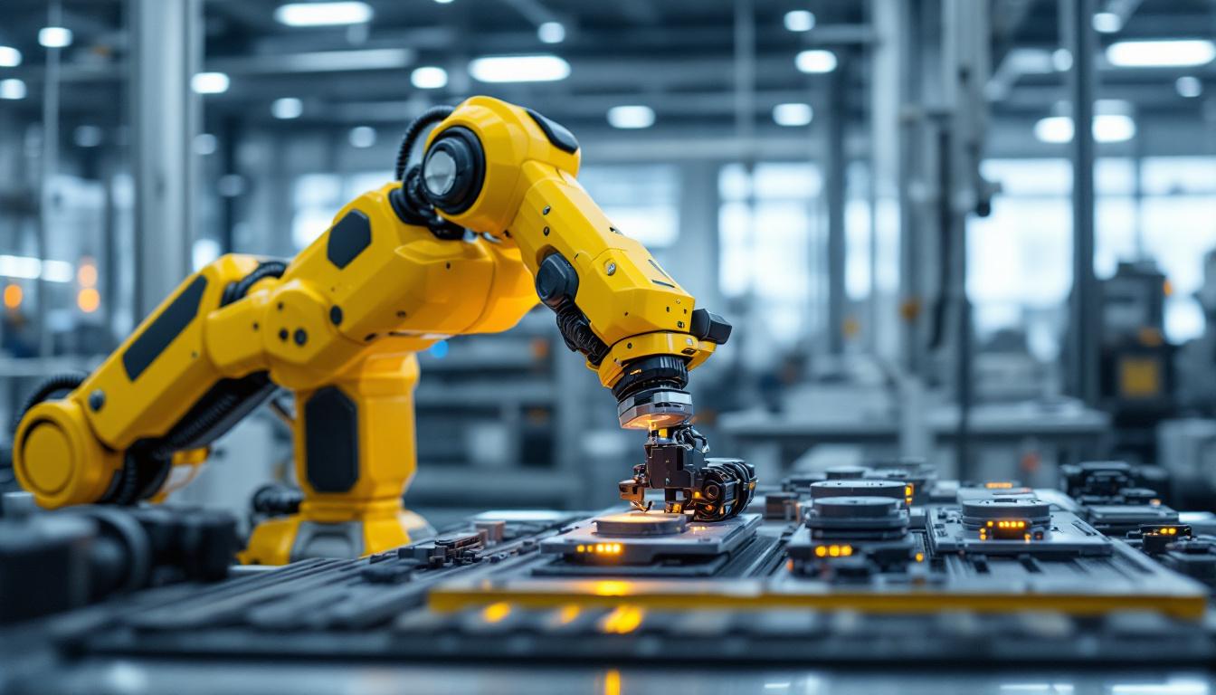 A photograph of a sleek industrial robot in action within a boston scientific facility