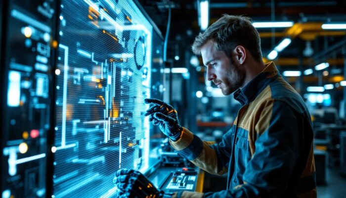A photograph of a skilled engineer interacting with an industrial robot in a modern manufacturing setting