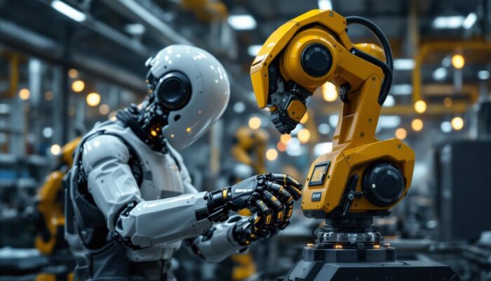 A photograph of a sleek industrial robot in action