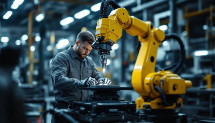 A photograph of a skilled machinist operating an industrial robotic arm in a modern manufacturing environment