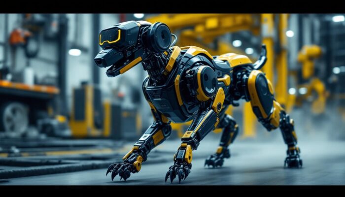A photograph of a dynamic industrial robotic dog in action