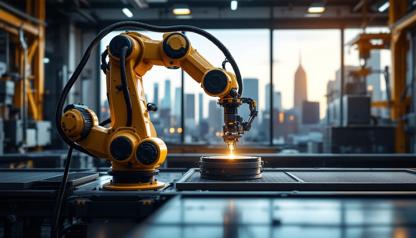 A photograph of a modern industrial robotic arm in action within a clean