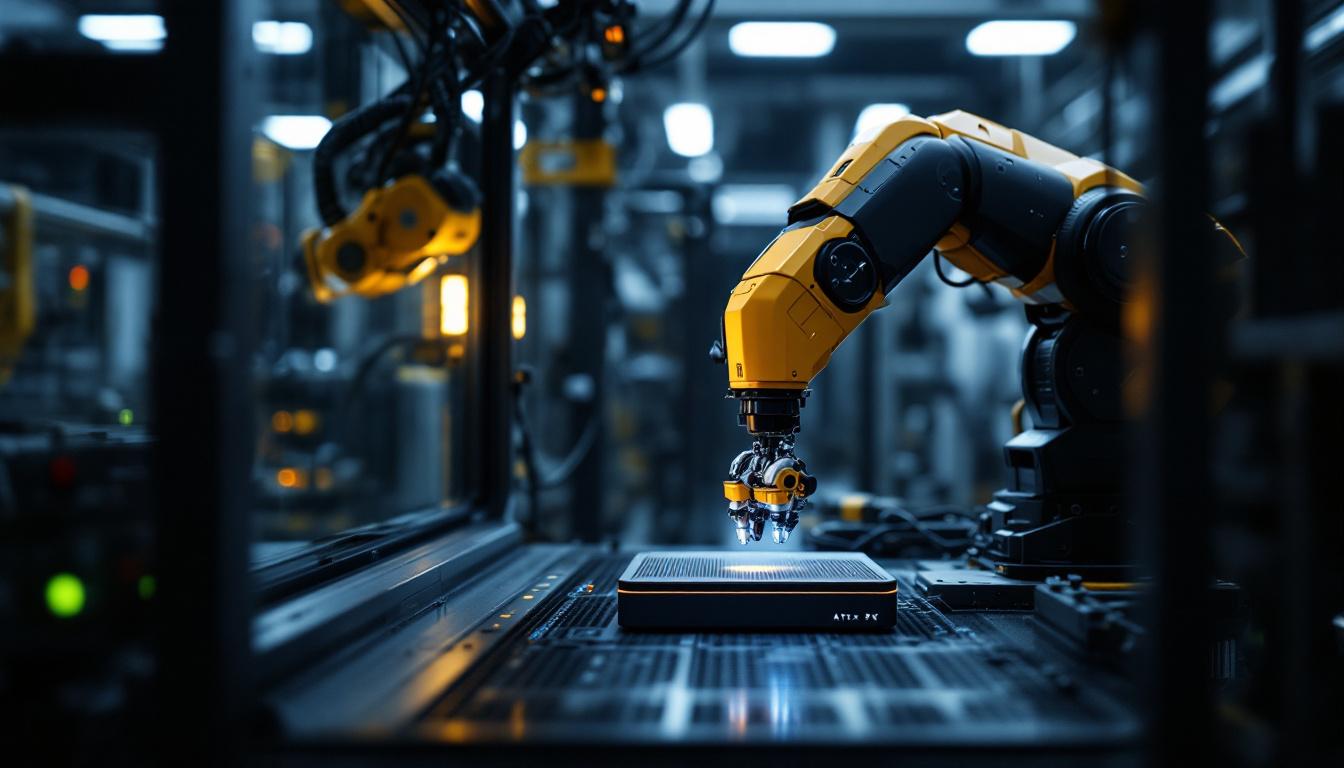 A photograph of a sleek atex pc integrated within an industrial robotic setup