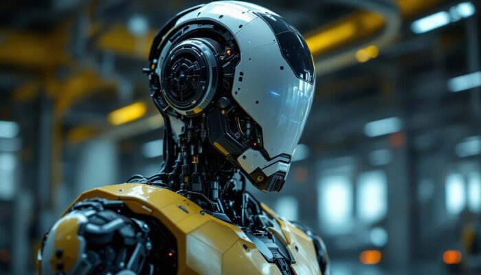 A photograph of a futuristic industrial robot in action