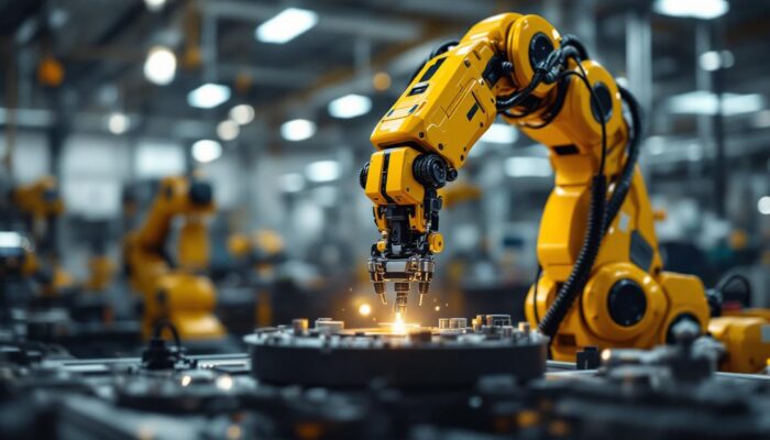 A photograph of a robotic arm in an industrial setting