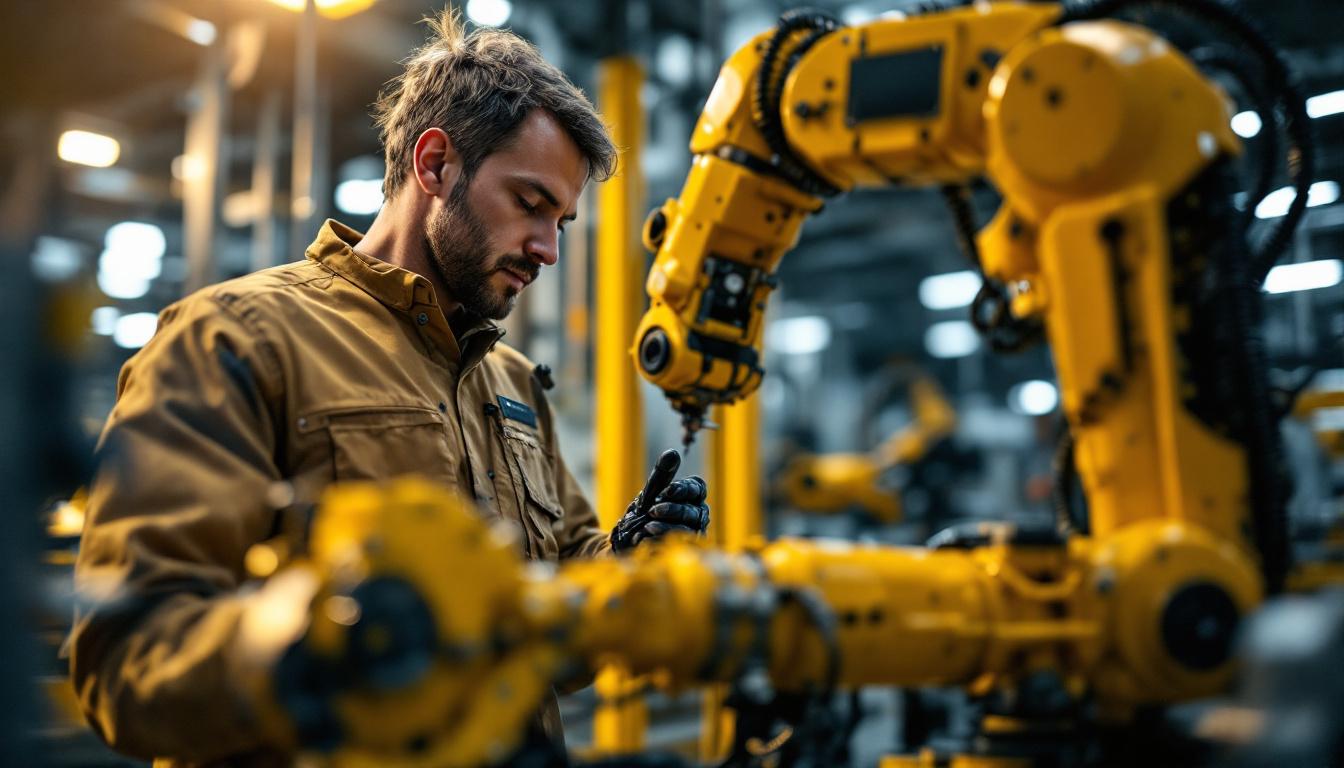 A photograph of a skilled technician programming or operating an industrial robot in a modern manufacturing environment