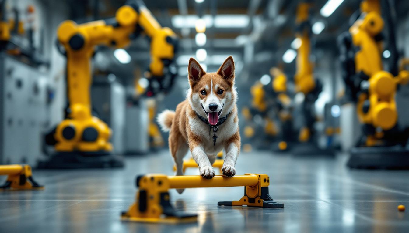 A photograph of a dynamic scene featuring a dog expertly navigating an agility course