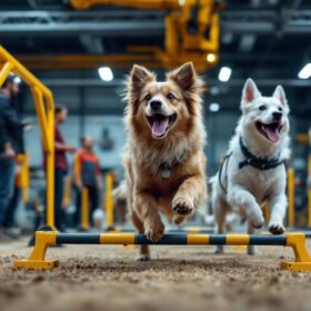 A photograph of a lively canine obstacle course in action