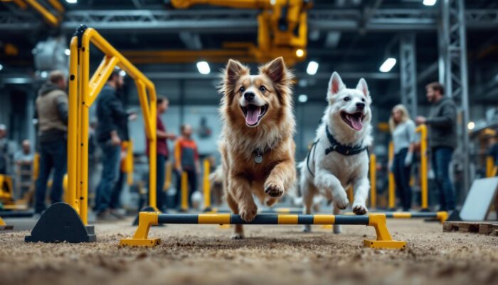 A photograph of a lively canine obstacle course in action