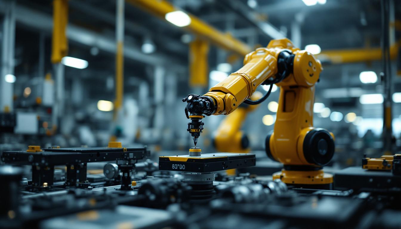 A photograph of a sleek industrial robotic arm in action within a modern manufacturing environment