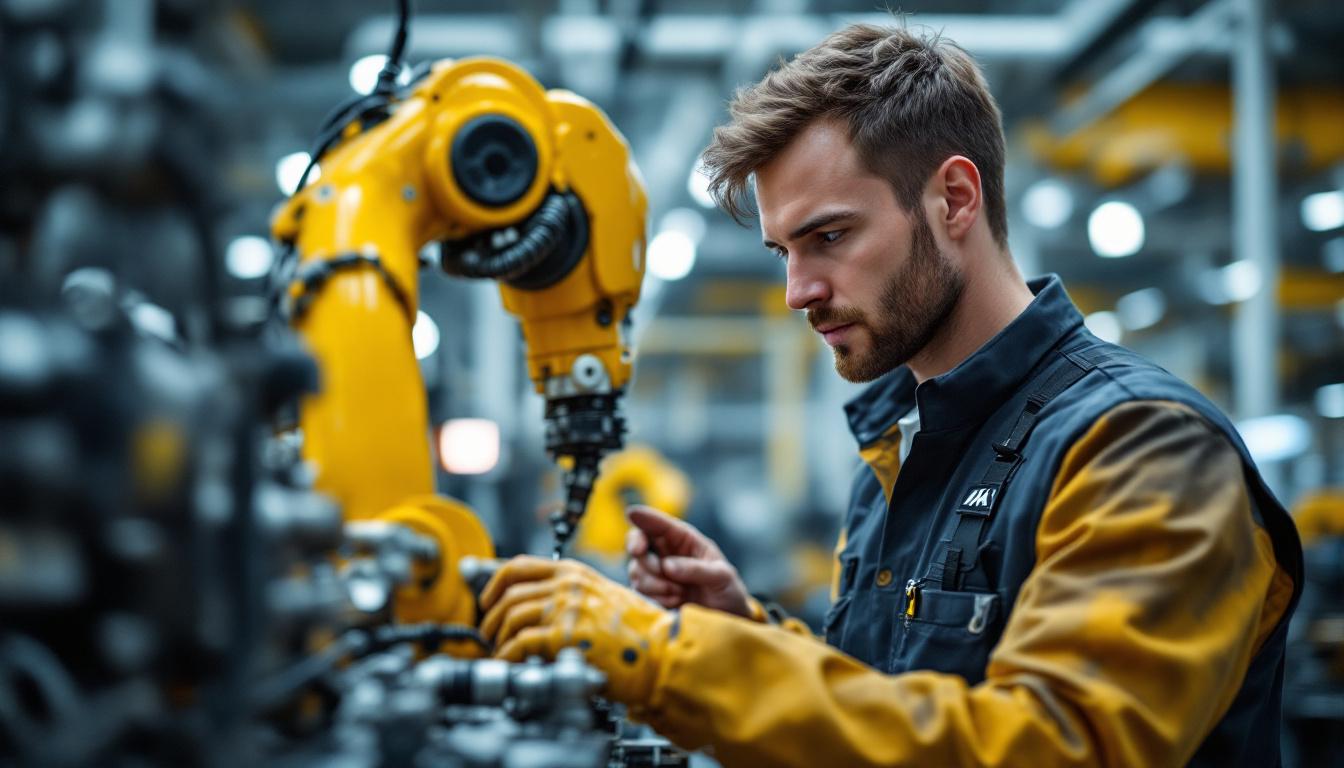 A photograph of an electrical engineer working on an industrial robot in a modern manufacturing setting