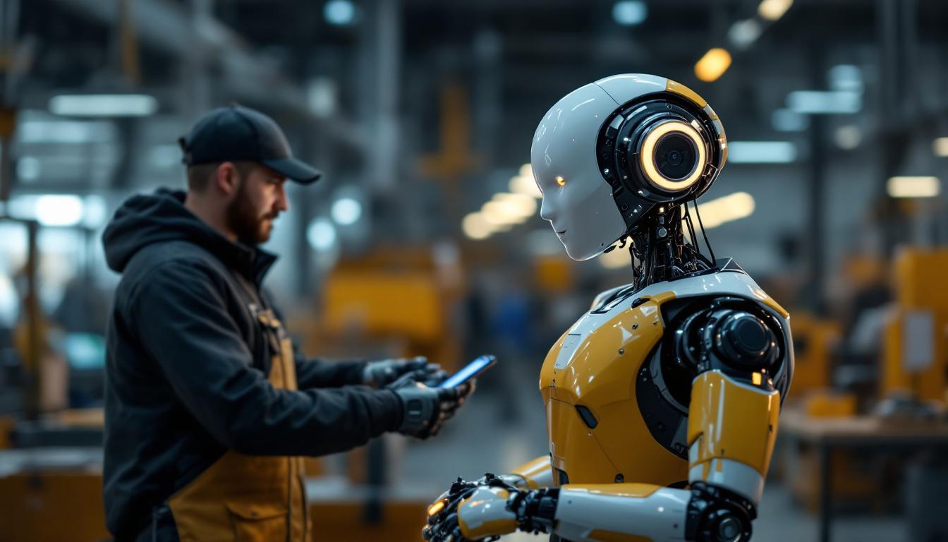 A photograph of a human-like robot interacting with workers in an industrial setting
