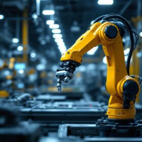 A photograph of a sleek industrial robotic arm in action