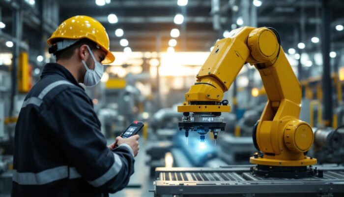 A photograph of a skilled technician operating an advanced industrial robotic arm equipped with leak detection sensors in a large