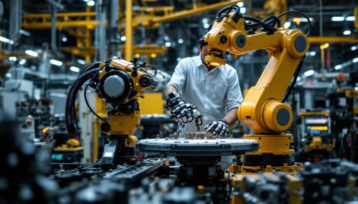 A photograph of a dynamic industrial robot in action within a boston manufacturing facility