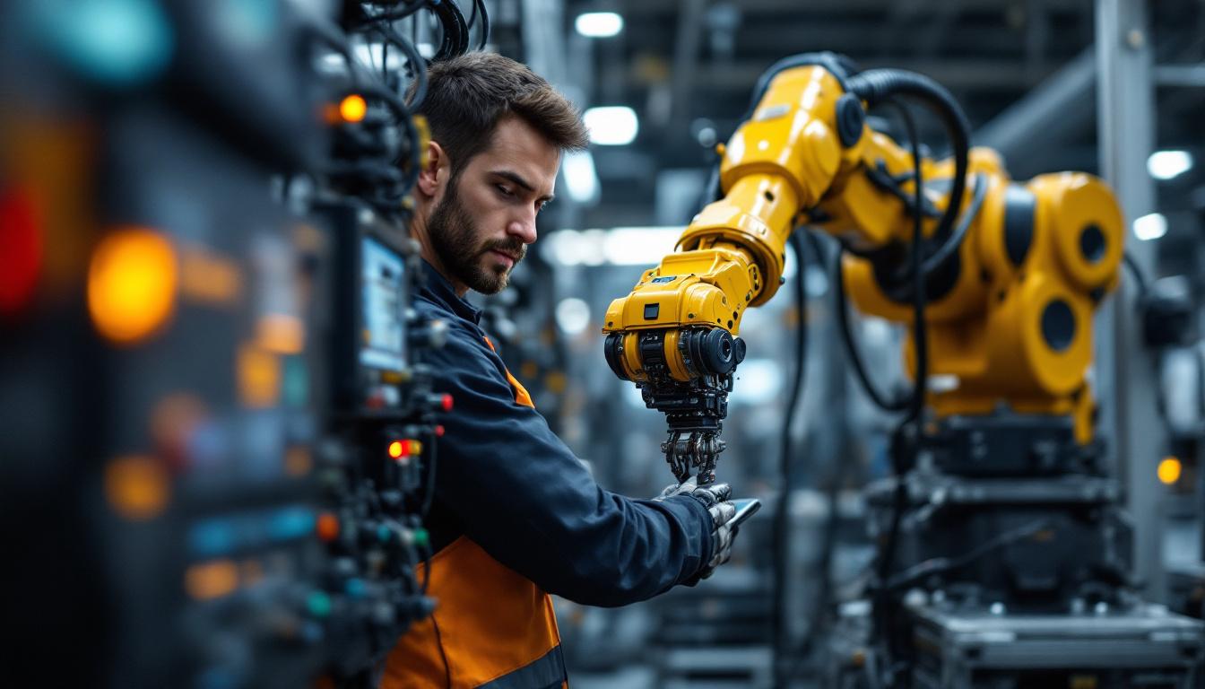 A photograph of a skilled electrical controls technician working on an industrial robotic arm
