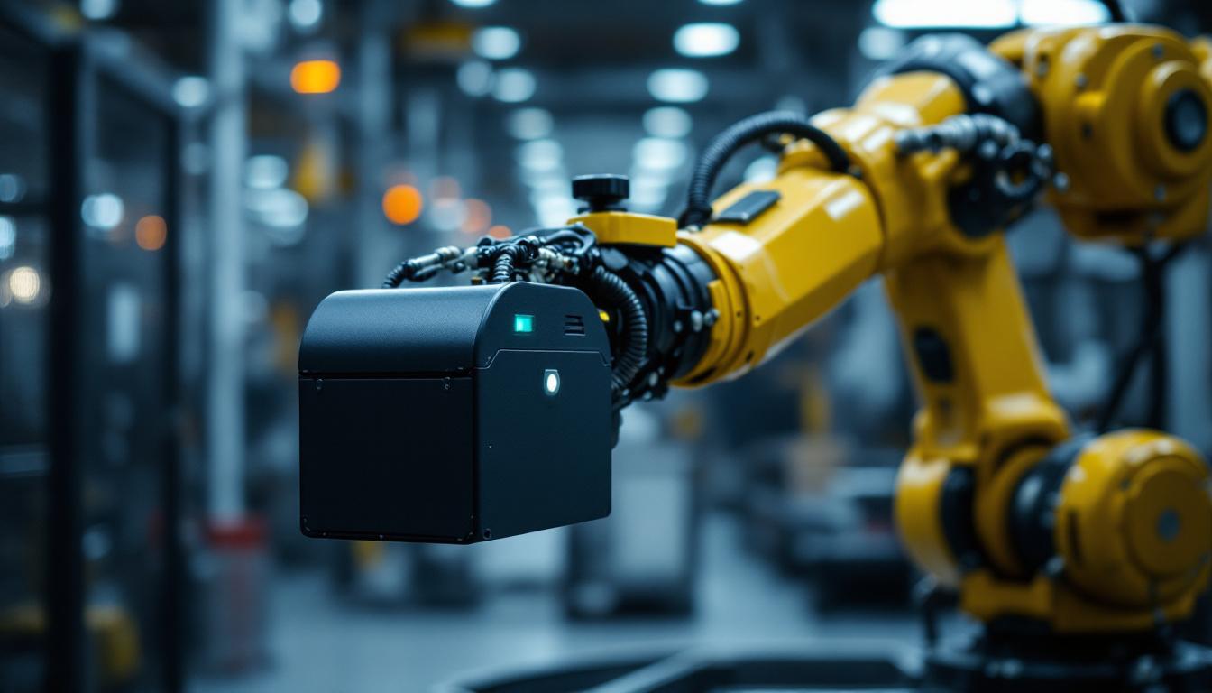 A photograph of a close-up of an industrial robotic arm equipped with a mailbox motion sensor