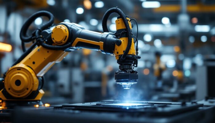 A photograph of a sleek industrial robotic arm in action