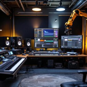 A photograph of a dynamic audio engineering workspace featuring a blend of advanced sound equipment and industrial robotic elements