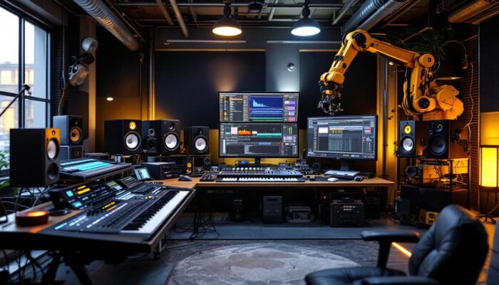 A photograph of a dynamic audio engineering workspace featuring a blend of advanced sound equipment and industrial robotic elements