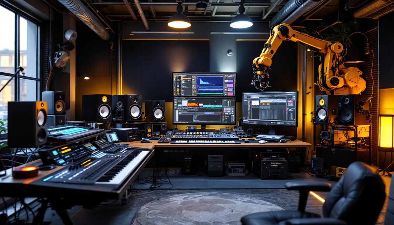 A photograph of a dynamic audio engineering workspace featuring a blend of advanced sound equipment and industrial robotic elements