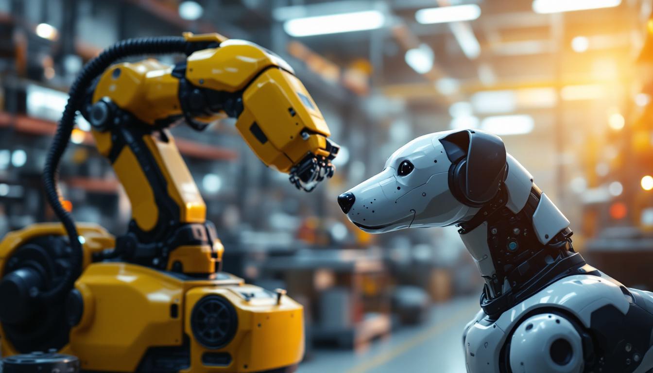 A photograph of a futuristic industrial robotic arm in action