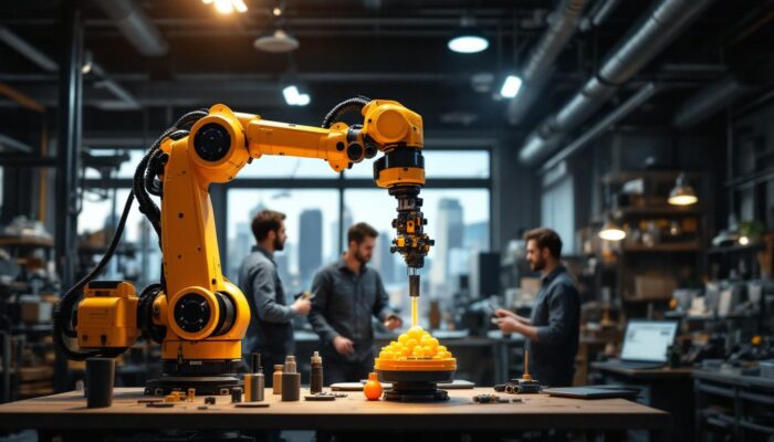 A photograph of a dynamic industrial robotics workspace in boston