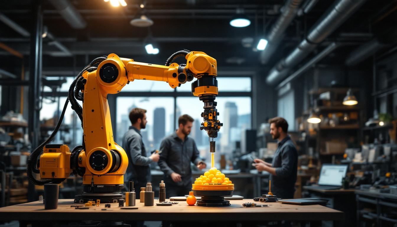A photograph of a dynamic industrial robotics workspace in boston