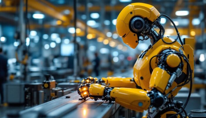 A photograph of a sleek industrial robot in action on a factory floor