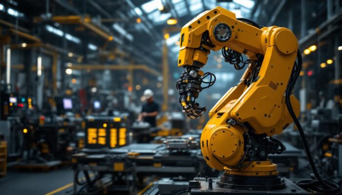 A photograph of a modern industrial robot in action within a manufacturing environment