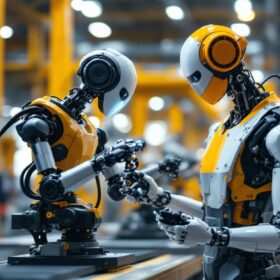 A photograph of a dynamic industrial robot in action