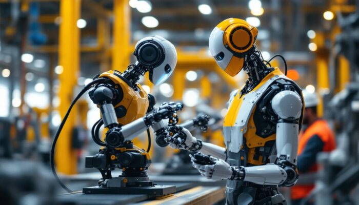 A photograph of a dynamic industrial robot in action