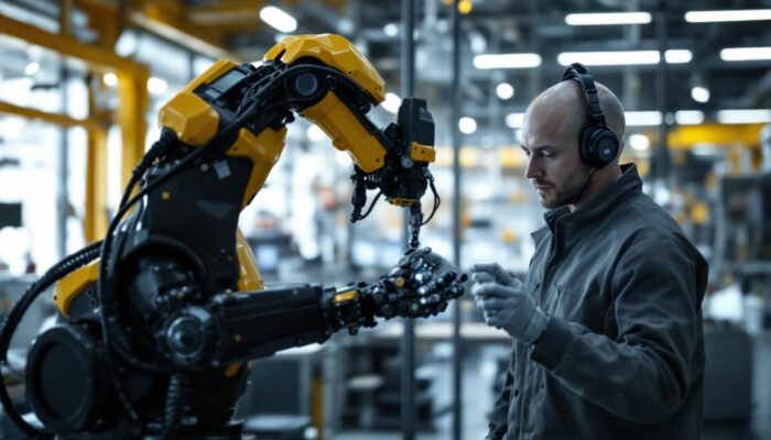 A photograph of a skilled technician programming or operating a sleek industrial robot in a modern manufacturing environment