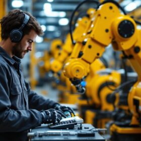 A photograph of a skilled technician programming or operating an industrial robot in a dynamic manufacturing environment
