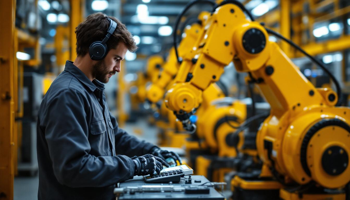 A photograph of a skilled technician programming or operating an industrial robot in a dynamic manufacturing environment