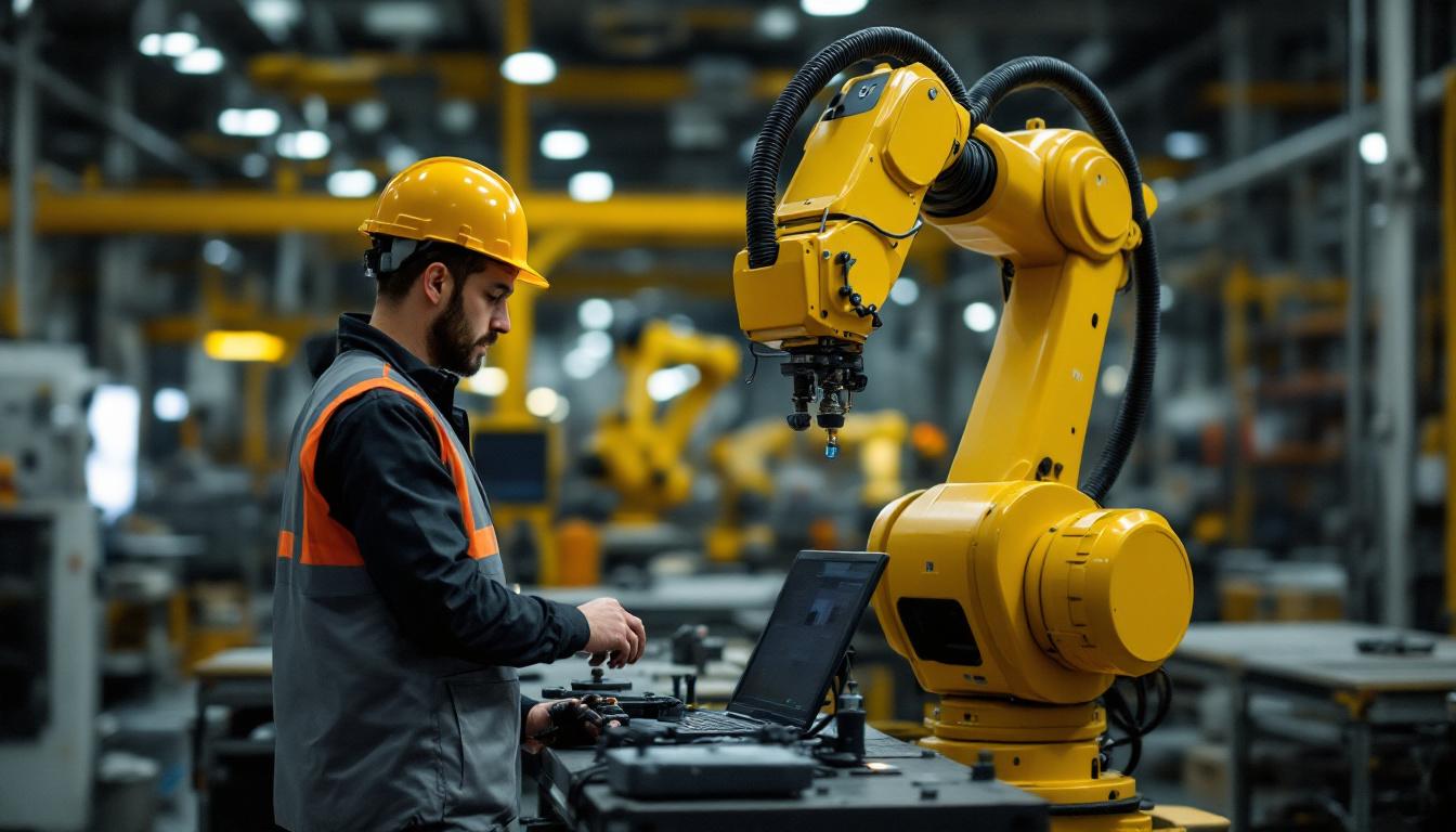 A photograph of a bustling boston industrial workspace featuring an operator interacting with an industrial robot