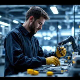 A photograph of a biomedical engineer working with industrial robotic equipment in a modern lab setting