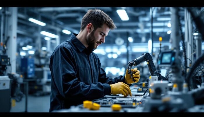 A photograph of a biomedical engineer working with industrial robotic equipment in a modern lab setting