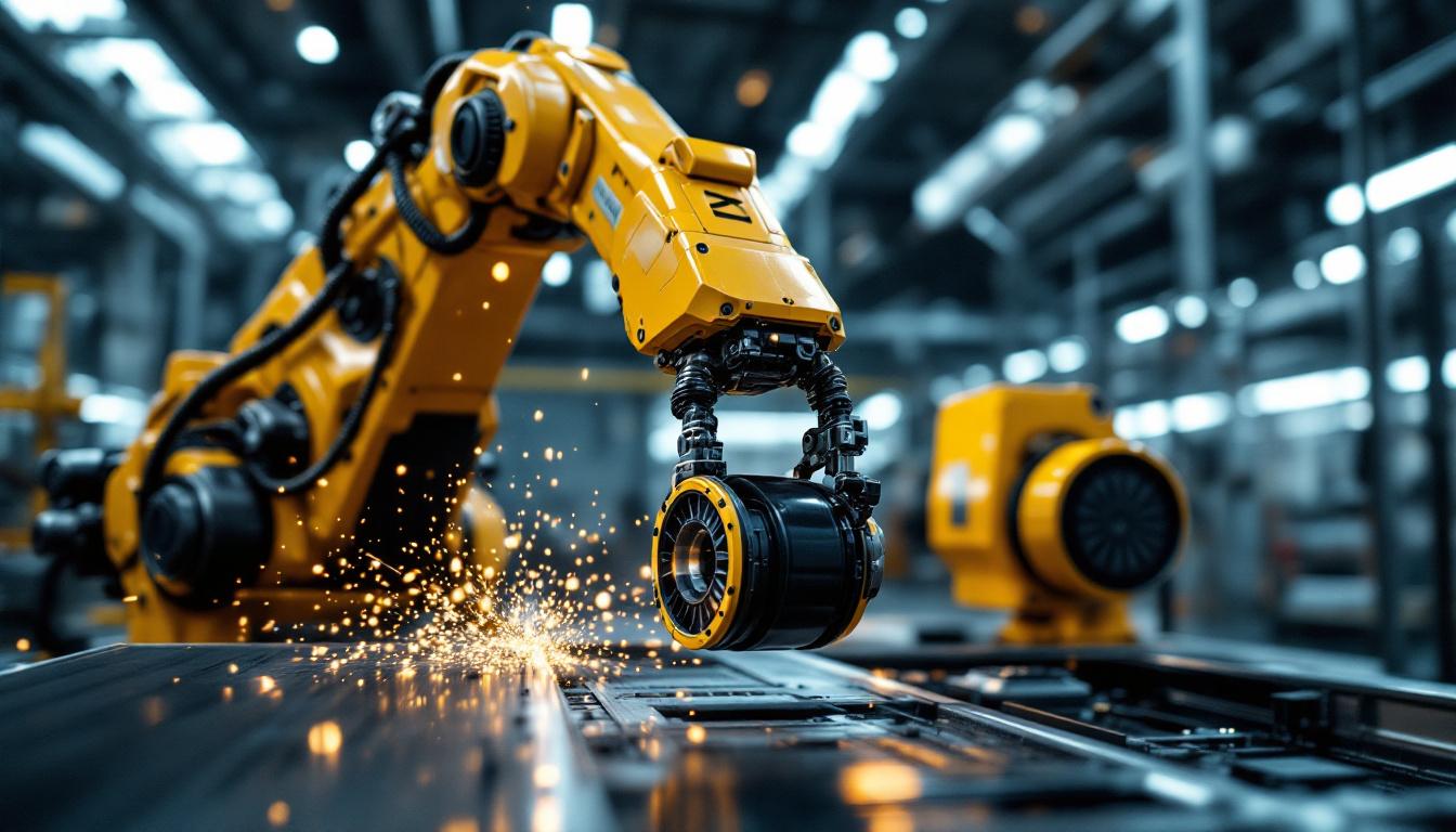 A photograph of a dynamic industrial robotic arm in action