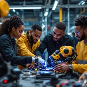 A photograph of a dynamic scene featuring a diverse group of interns collaborating on an industrial robotic project at boston scientific