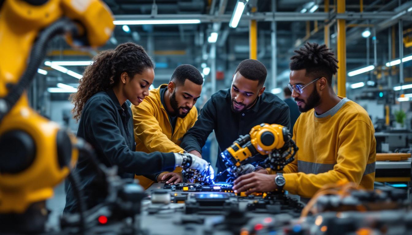 A photograph of a dynamic scene featuring a diverse group of interns collaborating on an industrial robotic project at boston scientific