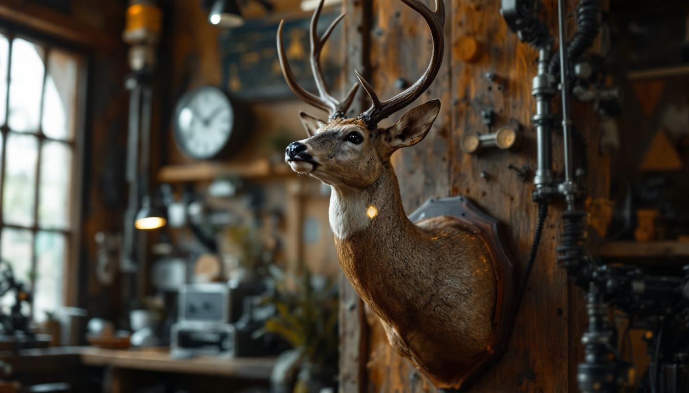A photograph of a beautifully mounted deer shoulder taxidermy piece displayed in a rustic setting