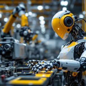 A photograph of a sleek industrial robot in action on a factory floor