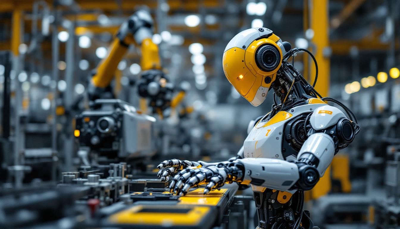 A photograph of a sleek industrial robot in action on a factory floor