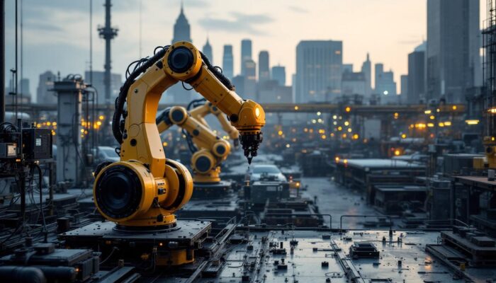 A photograph of a bustling boston industrial area featuring advanced robotic machinery in action