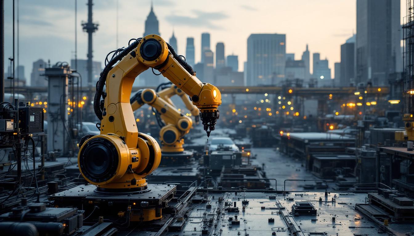 A photograph of a bustling boston industrial area featuring advanced robotic machinery in action