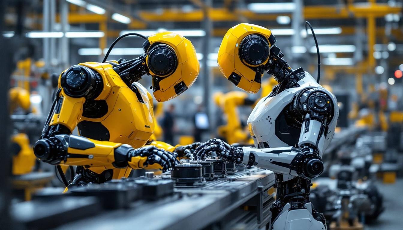 A photograph of a sleek industrial robot in action on a factory floor