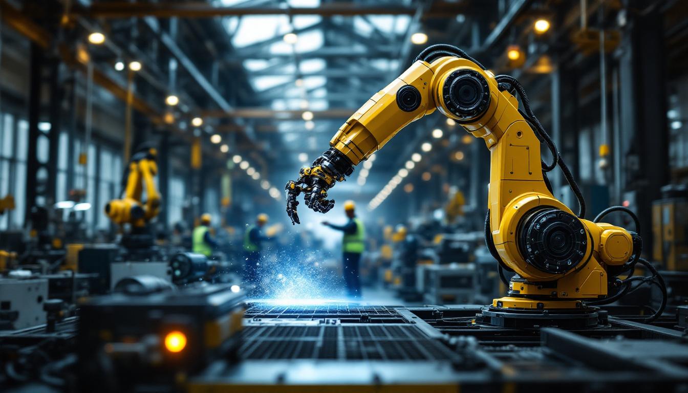 A photograph of a sleek industrial robotic arm in action within a modern manufacturing facility