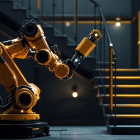 A photograph of a sleek industrial robotic arm in action